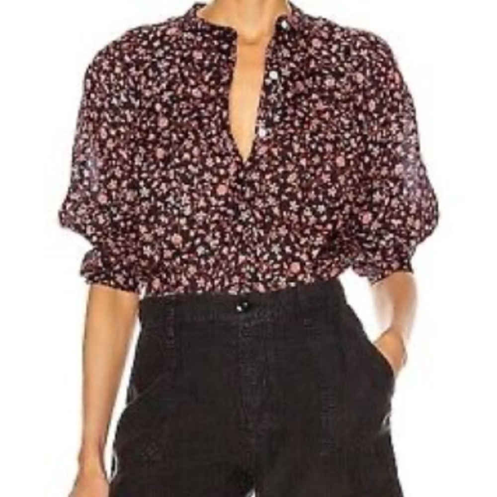 Frame Anita Multi Floral Navy Button Down Blouse
